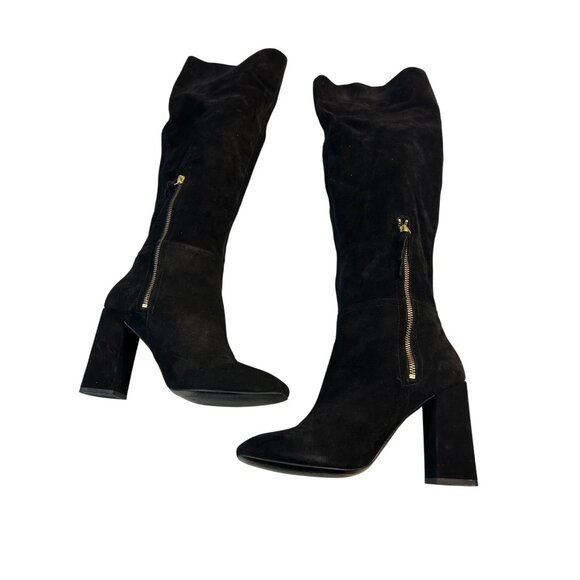 Free People Black Suede Knee High Boots With Block Heel & Side Zipper 8.5 9 - Picture 1 of 7